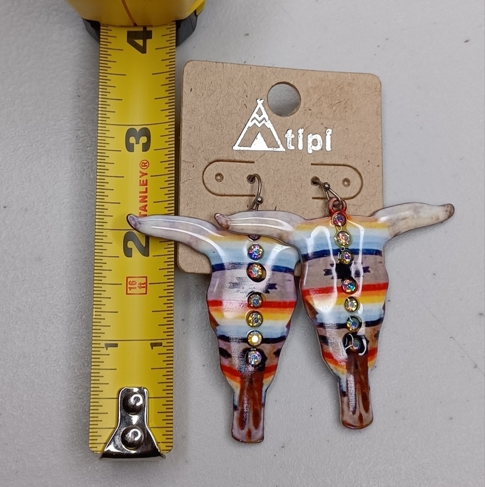 Boho Aztec Steer Cow Skull Longhorn Earrings - Picture 4 of 6